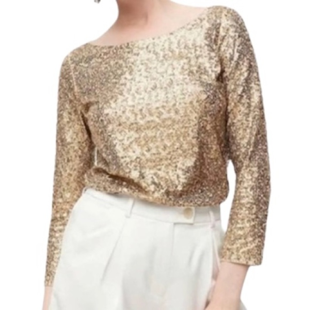 J.Crew Gold Sequin 3/4 Sleeve Boatneck Top Small